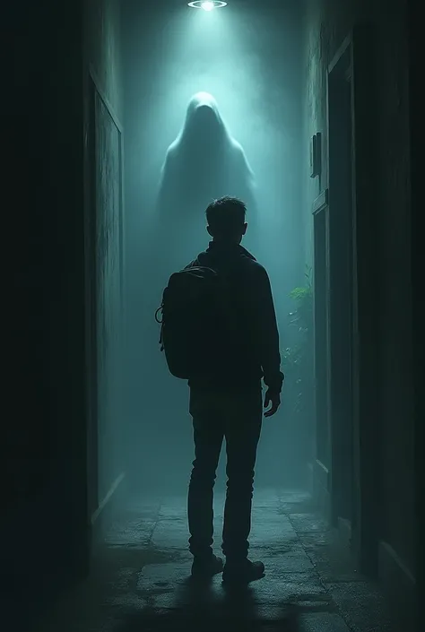 The Final Scream: "A dark, haunted room filled with shadows, with a ghostly figure whispering something ominous. The traveler is standing in the foreground, looking horrified. In the background, a faint light source casts eerie shadows on the walls, and th...