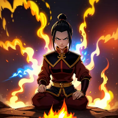 masterpiece, best quality, 1girl, azula, fire nation clothes, tight clothes, slight smirk, azula (avatar the last airbender), so...