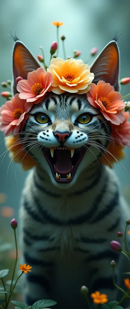 há uma flowers com cat mouth , fangs , flowers , gaping mouth , cat mouth , grunindo , cabeça de flowers