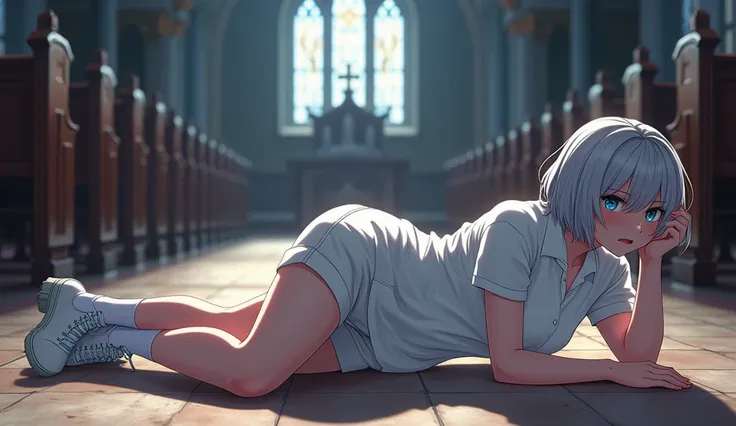 illustration,  best quality, anime, ultra-detailed, extremely detailed, 8K, detailed background, in the church, from side, cowboy shot, solo, one woman on the floor, (20yo:2), lying prone on the floor, looking away from viewer, (troubled face:3), (struggli...