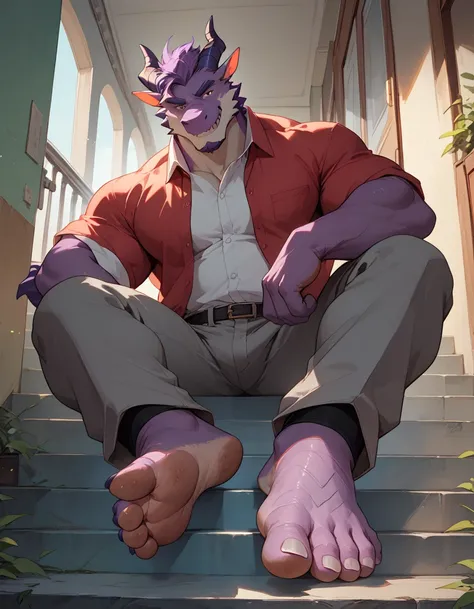 big, furry, muscular male, purple dragon, mature man, sitting on stairs, barefoot, dirty feet, grey pants, open shirt, no shoes, crossed legs, sole visible, foot focus, low angle view