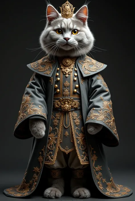 A cat wearing an outfit similar to the one shown in the picture, you can use the following description::

Full body portrait of a large grey cat wearing a rich traditional costume in dark silver with intricate gold embroidery and artistic decorations.. The...