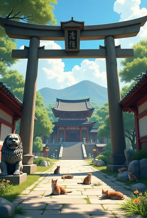 Ancient Japanese temples、Old temple、Large and old torii gate、An old and atmospheric lion、Sacred atmosphere、Clean Air、Many cute kittens sunbathing in the temple grounds