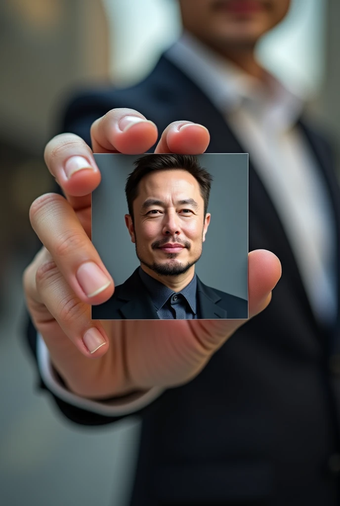 A hand showing a picture of Elon Musk