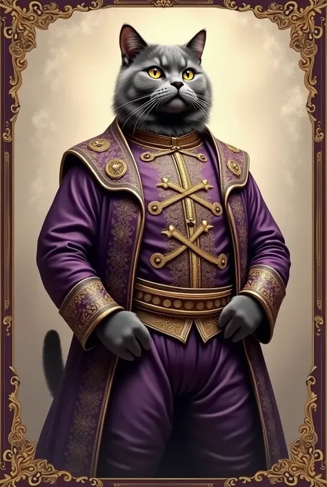 A cat wearing an outfit similar to the one shown in the picture, you can use the following description::

Full body portrait of a large grey cat wearing a rich traditional dark purple costume with intricate gold embroidery and artistic decorations.. The co...