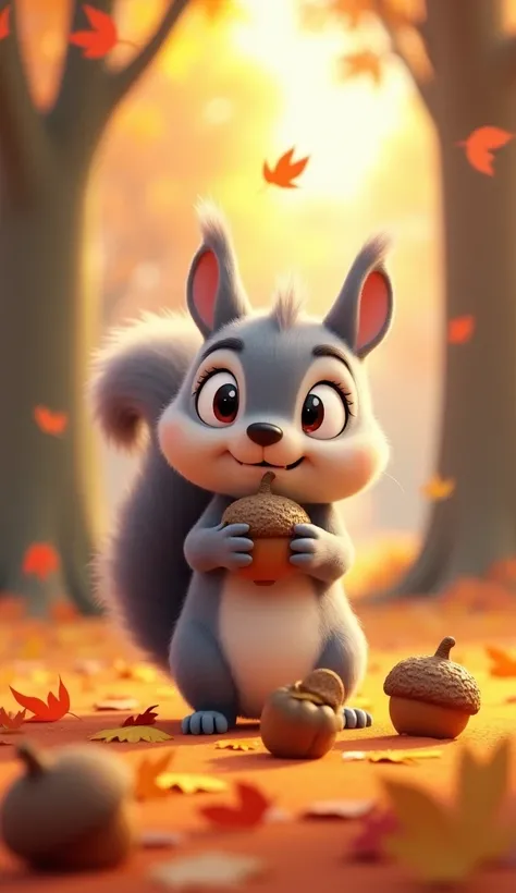 Cartoon anime 3D characters of A cute grey squirrel, with bright eyes and a bushy tail, is holding several acorns in its tiny paws. The background is a sunlit forest with tall trees and a carpet of colorful autumn leaves. The cute grey squirrel is busy gat...