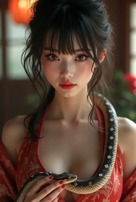 Amazing gorgeous 18yo japanese girl, bangs, seducing face, makeup, sexy hot breasts, wearing a kimono, cleavage, holding her pet snake, front view, feudal japanese home background, blurred background