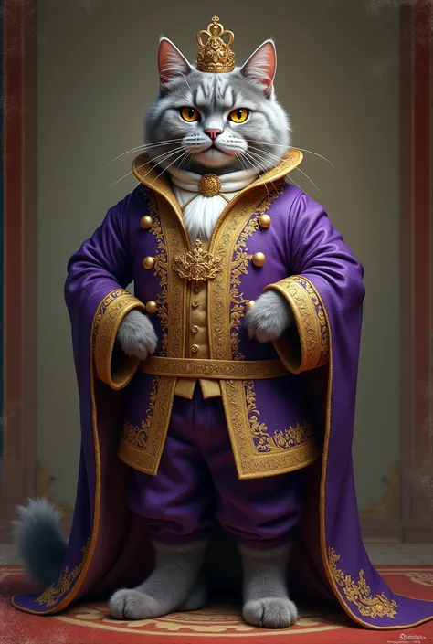 A cat wearing an outfit similar to the one shown in the picture, you can use the following description::

Full body portrait of a large grey cat wearing a rich traditional dark purple costume with intricate gold embroidery and artistic decorations.. The co...