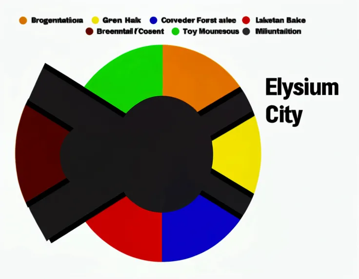 Make the map more realistic. Presenting the green area a a much forest, grey areas as a bustling Tokyo like city, orange as a mountainous desert like location, yellow as an elemental desert, blue as a half-lake half forest, red as a volcanic hellish lookin...