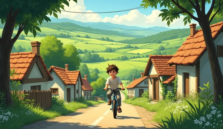 Village Setting:  Illustrate a quaint, picturesque village with lush green fields, traditional houses, and narrow, winding lanes. The early morning sunlight bathes the scene in a soft glow, highlighting the serene and natural beauty of the countryside. And...