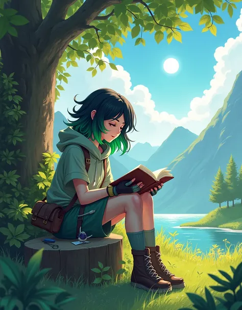 masterpiece, best quality,, 1girl, sitting, animal, animal ears, bird, black_hair, book, bookmark, branch, gloves, grass, green hair, holding, holding book, hood, hood down, leaf, looking at viewer, multicolored hair, open_book, partially fingerless gloves...