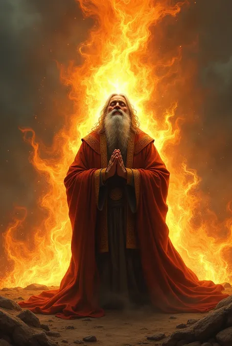 Prophet praying surrounded by fire
