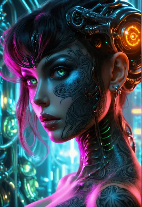 Stunningly gorgeous beautiful perfect hr giger inspired inspired tattooed sexy seductive girl,  perfect face, hyper detailed vibrant eyes, large breasts, full body view, neon gray, nude