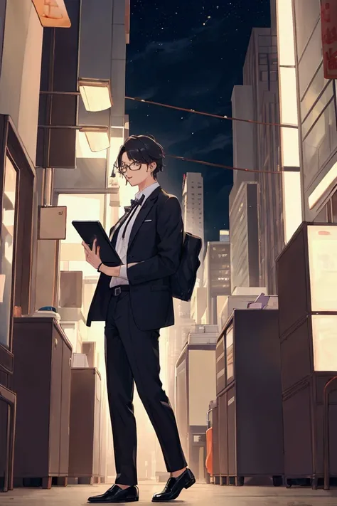 An ordinary young office worker（male）but１people、evening、A scene of standing in the middle of a crowded city、An illustration、Different world