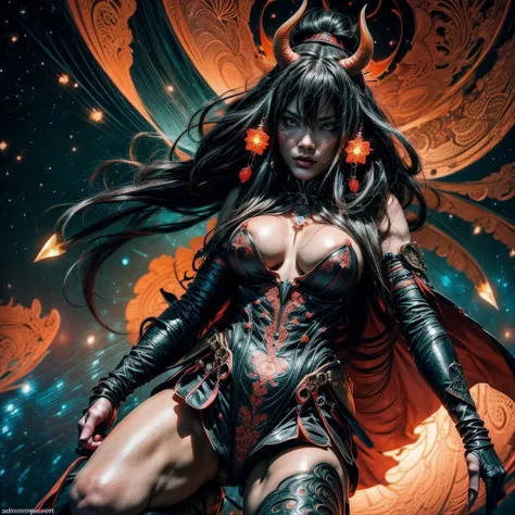 ((Low angle photograph of a beautiful and sexy Japanese woman as an Oni demon hunter)), 32k wallpaper, ultra detailed, beautiful and aesthetic, masterpiece, best quality, (zentangle, mandala, tangle, entangle), (fractal art:1.3) , 1girl, horrific, extreme ...