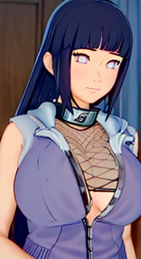 tmasterpiece， High- sharpness， high high quality， Detailed face， detailed body render， 1girlhugebreasts， solo， hyuga hyuga， Hinata sleeveless clothing，big covered breasts，， sleeveless shirts， Fishing net clothing， Dark lips， Unzipped jacket， no brassiere， ...