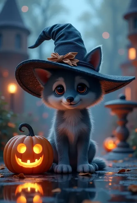 Cute gothic wolf cub with round eyes wearing a witch hat, Night Aura, Jack-o&#39;-Lantern, Garden fountain, Sparkle, Bokeh, Distant Castle, Mirror Effect, Volumetric lighting