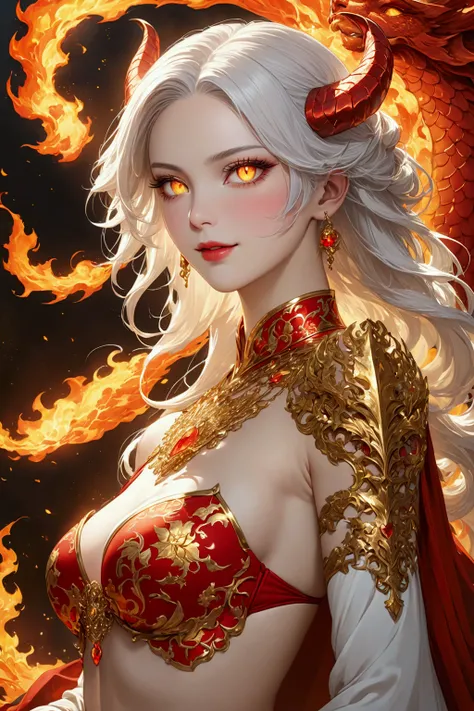 score_9, score_8_wonderful, score_7_wonderful,非常にbeautiful女性がポーズを取っている,Looking up,Dark fantasy,Flame Genie,(Pure white skin),(snow-white lips),Devil Eye,Mature Woman,Demon King,anime,Unreal beauty,Captivating eyes,Decadent Makeup,One-point tattoo,(Golden g...