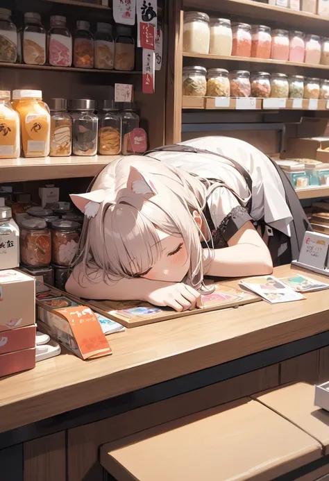 (masterpiece, best quality), kawaii,A japanese stall,(a cat-ear girl),tending the store,(sleeping face down on the desk),