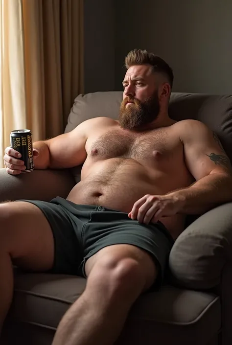 Generates an image of a handsome man, light brown hair, with short hair and thrown back, with a beard and lots of hair on his body, with a belly and holding a beer can and sleeping on the couch with a bulge in his crotch