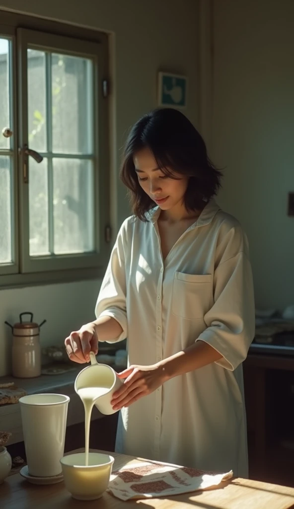 **Mother Mixing Milk and Water:** A woman inside a simple room, pouring water into a container of milk, her face focused on her task.