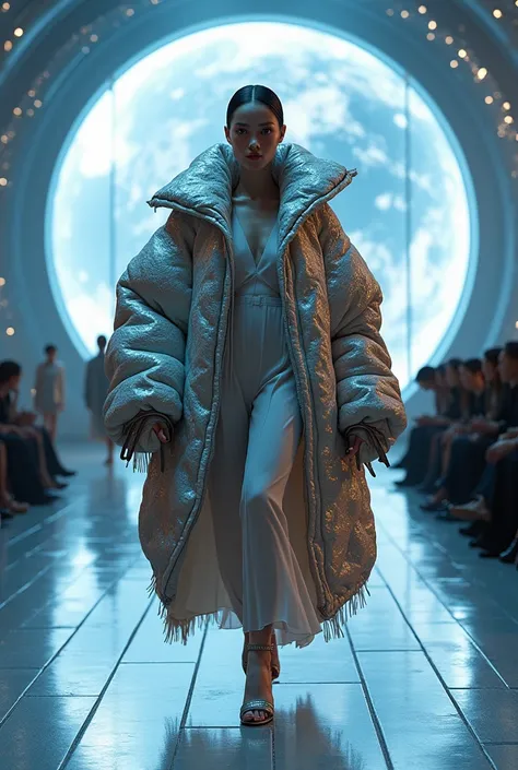 Create me a look of oversized clothing worn by a model during a fashion show inspired by the space and fantasy theme