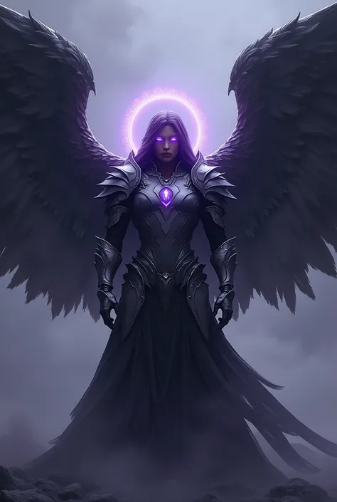 (photorealism:1.2), light armored Angel, sanding in the void, black wings, purple eyes on wings, purple Halo, dark cloth under Armor