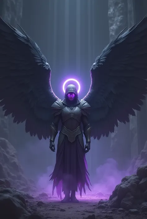 (photorealism:1.2), light armored Angel, sanding in the void, black wings, purple eyes on wings, purple Halo, dark cloth under Armor