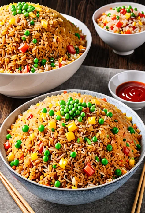 a huge bowl of fried rice the color of light ketchup、surprised people looking at giant fried rice々、