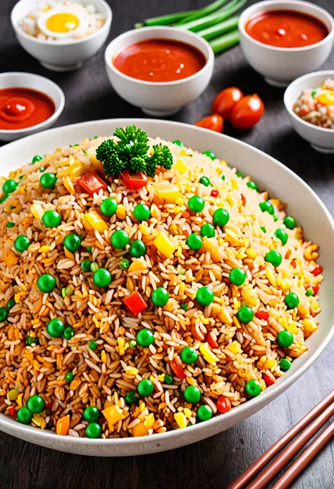 a huge bowl of fried rice the color of light ketchup、surprised people looking at giant fried rice々、