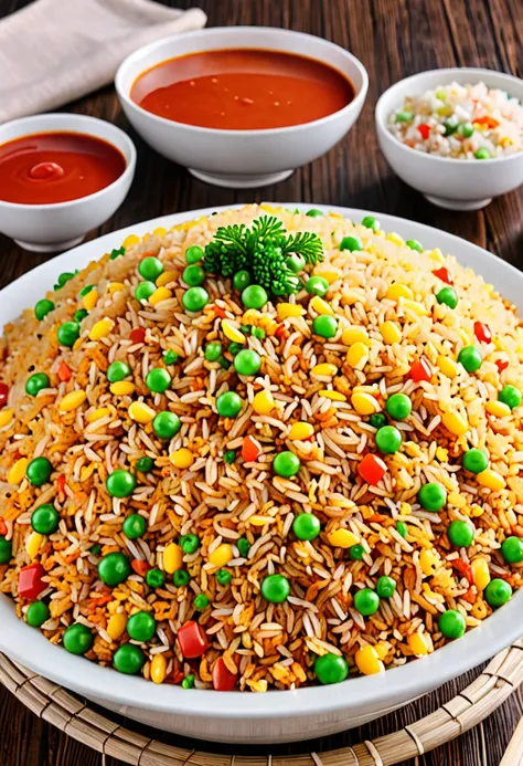 a huge bowl of fried rice the color of light ketchup、surprised people looking at giant fried rice々、