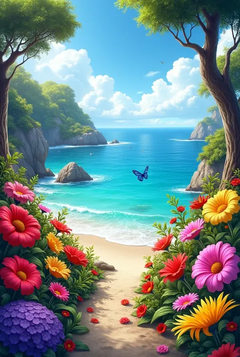 Create a colourful seaview with a colourful flowers  and some trees and blue butterfly 