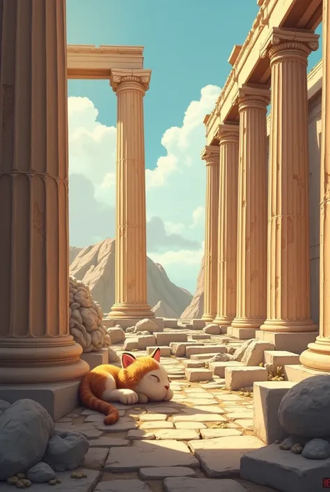 ruins、The Parthenon, dilapidated and weathered、Fallen and crumbled statue of Athena and its rolling head、Realistic、Warm Sunshine、A cute kitten taking a leisurely nap