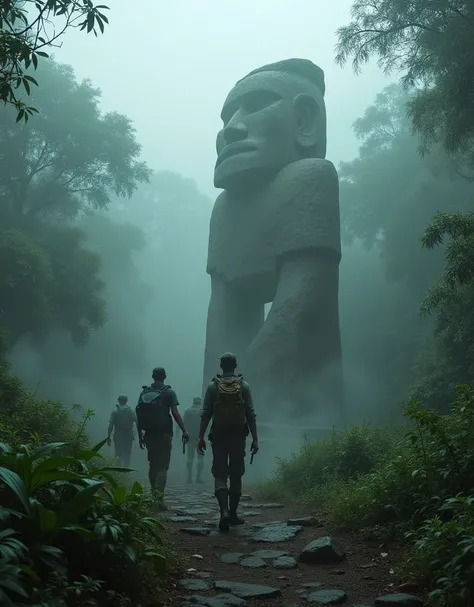 best quality, masterpiece, (Ancient architecture of a lost civilization in the jungle:1.3)、ancient ruins、A crumbled mysterious statue stands、(in a thick fog:1.3)、A group of several fully equipped expedition members、Surprised explorer、(Walking in the jungle...