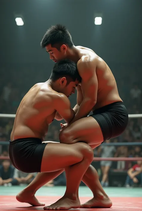 Young Japanese wrestlers A and B fighting in the ring。A is short-haired and muscular。Dark skinned and wearing tight shorts。B has short hair, is muscular, and wears tight short tights。B straddles A and attacks。Nikon, First Person View, 