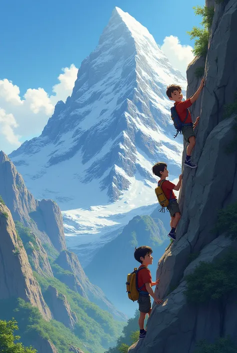 Create a image of a boys group there are four boy hanging on a mountain