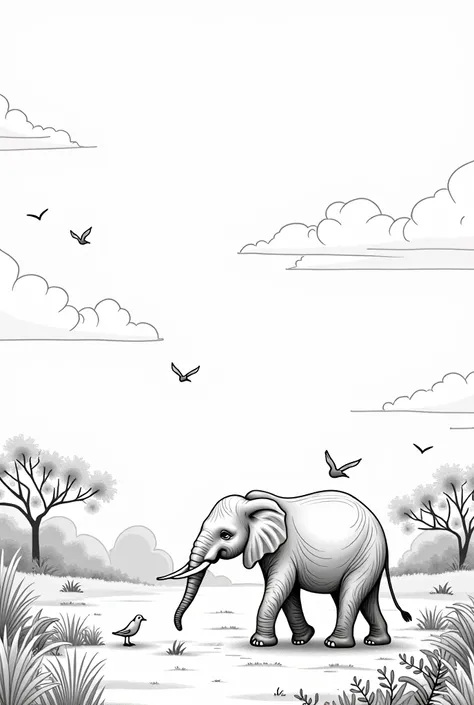 elephant was walking on park birds are here and there back ground are very    cloudy plants are here and there the picture is without coloring for kids








