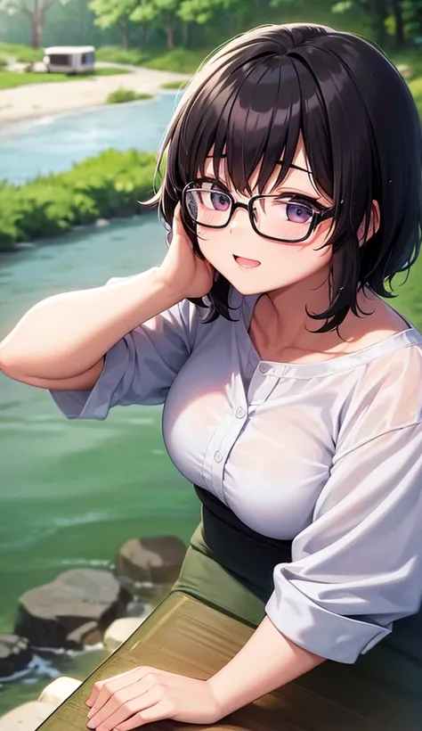 Chubby woman wearing glasses、Plain short black hair、Camping on the riverbank、one piece、Water Play、soaked、High resolution ,Highest quality、solo,Blushing, 