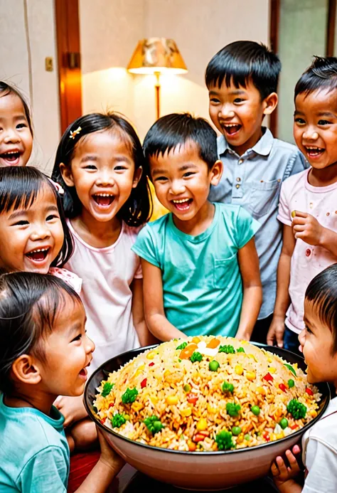 a huge bowl of fried rice the color of light ketchup、children looking happy