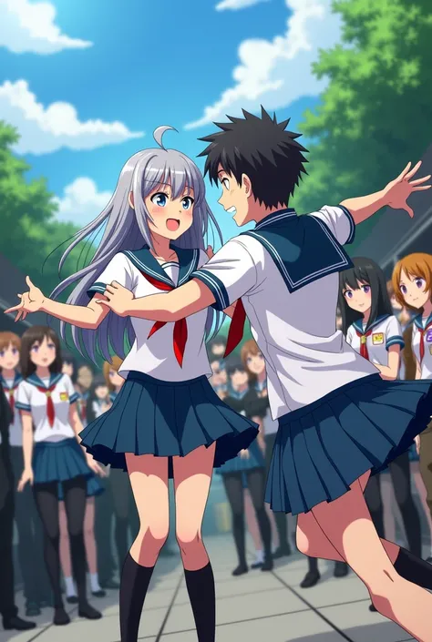 1 anime girl in high school with long grey hair. Blue eyes slap a slightly fat young man of the same age and look at him angrily. They are wearing school uniforms in the school yard and students are gathered around them.. They look at him in amazement 