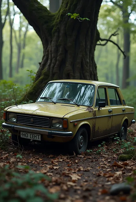 Create photorealistic image of a lada samara crashed into a tree