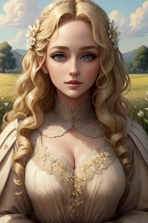 (masterpiece:1.2), (Highest quality:1.2), Perfect Eyes, Perfect Face, Perfect lighting, One girl, Mature woman in a field, Medium blonde hair, Curly Hair, Detailed clothing, Detailed outdoor background, compensate, eye shadow, Thick eyelashes, Fantasy, Loo...