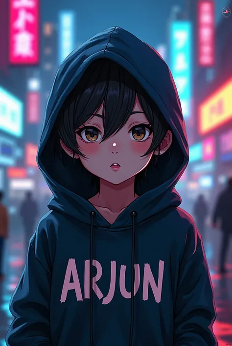 A boy who is wearing a hoodie and it is written as arjun in his hoodie in cyberpunk,anime