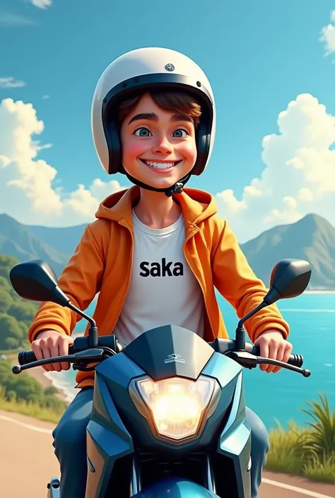 A 4D caricature. Medium shot. Hyper realistic, a handsome young man, with a cheerful and enjoyable face, wearing a half-open helmet, orange jacket and white t-shirt written saka, riding a Yamaha Nmax automatic moped. The background is a sea and mountain vi...