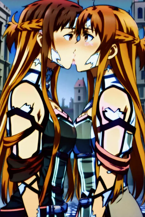 (((asuna, anime art style, long_hair, skirt, brown_hair, brown_eyes, very_long_hair, belt))),(((Anime style, 2+girls, ((((((kissing and feeling intensely)))))). View from chest up,))) , urban battlefield, ruins, night sky, depth of field, cinematic, game c...