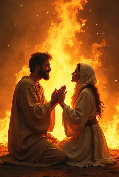 Married couple of prophets on their knees praying to God surrounded by fire