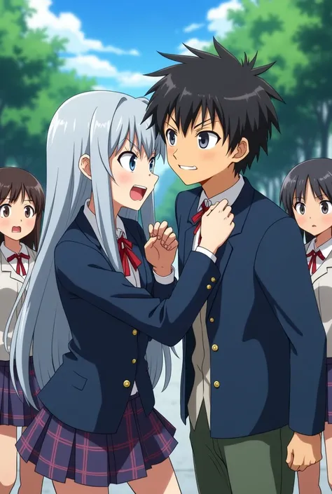 1 anime girl in high school with long grey hair. Blue eyes slap a slightly fat young man of the same age and look at him with anger and hatred while he holds his cheek which has become red from the effect of the slap and they are wearing school uniforms in...