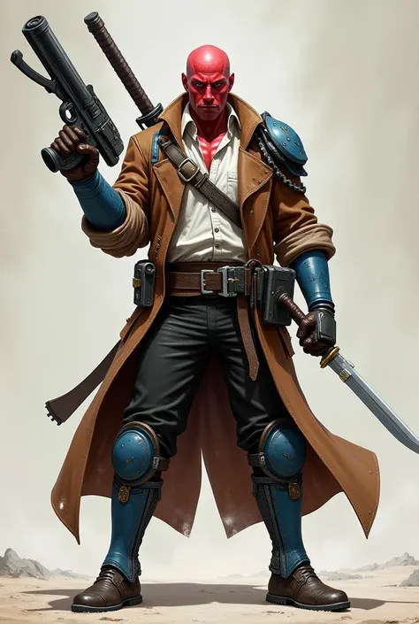 RPG warrior with Brown long jacket , Red skin, Blue sabaton and grives, white shirt, Black pants, leather Gloves and a blaster in a hand and a katana in another hand