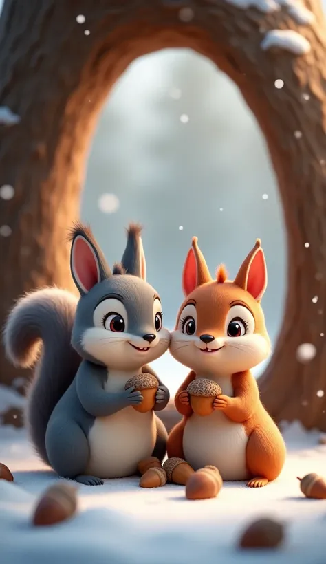 Cartoon anime 3D characters of The cute grey squirrel and the cute small chipmunk are sitting together, enjoying their acorns by a small window in their tree hollow. Outside, snow is falling gently, creating a peaceful and calm atmosphere. They are enjoyin...