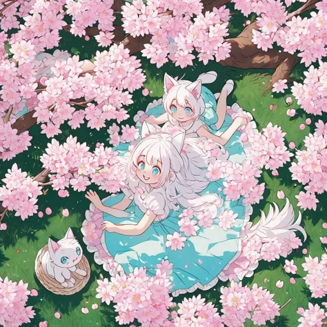 white haired girl. big cat ears. fluffy cat tail. blue eyes. pink and green dress. picnic. sakura cherry blossoms. cute smile. 1 girl.  top down view.